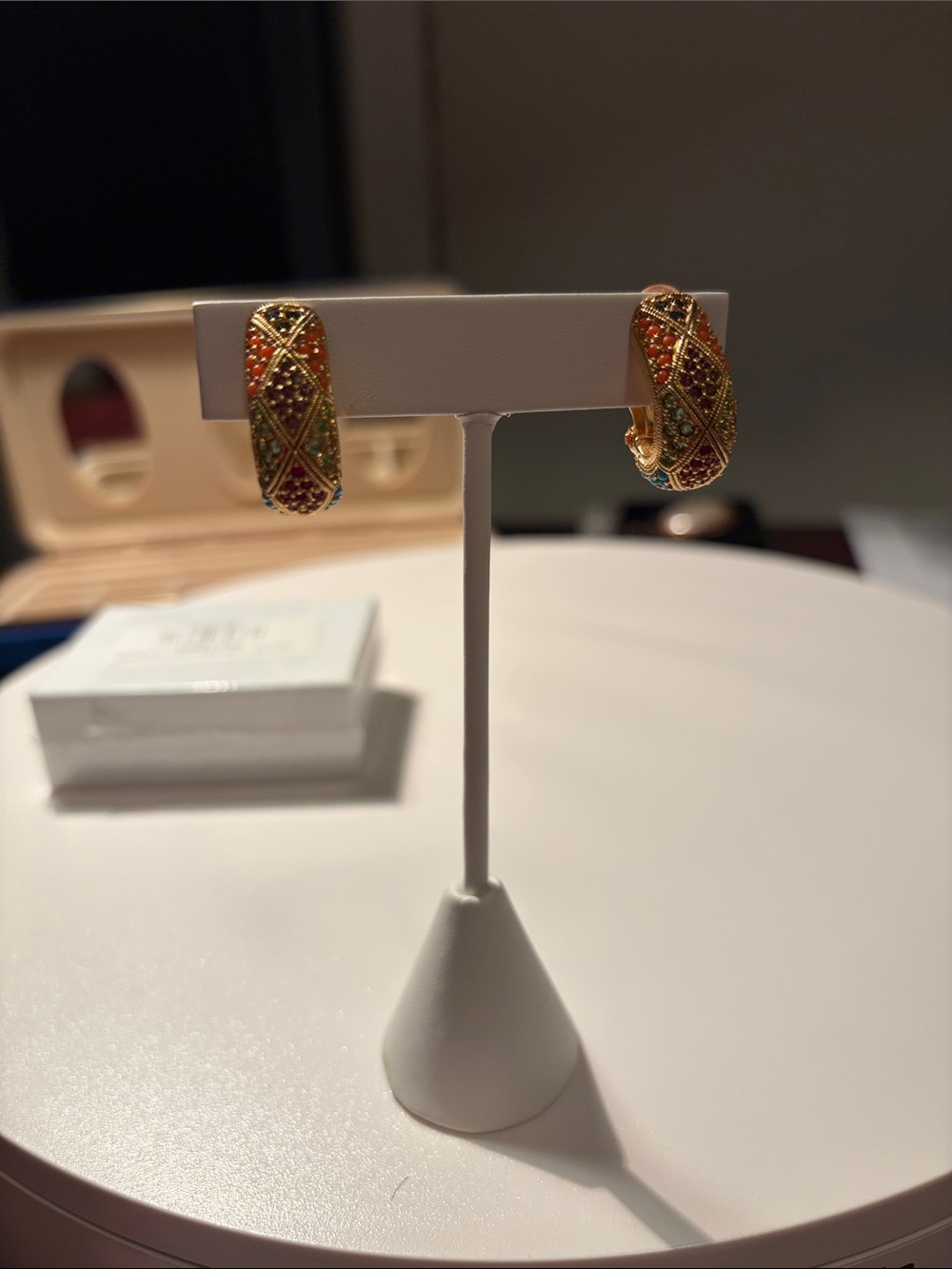Gold Multicolor Pavé Huggie Earrings with Red, Green and Orange Accents